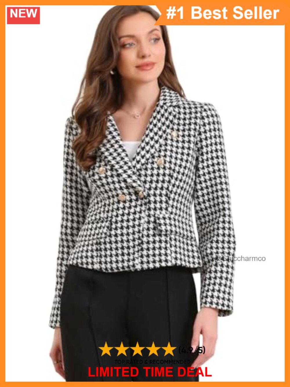 Houndstooth Cropped Blazer Notch Lapel Long Sleeve Business Casual Jacket